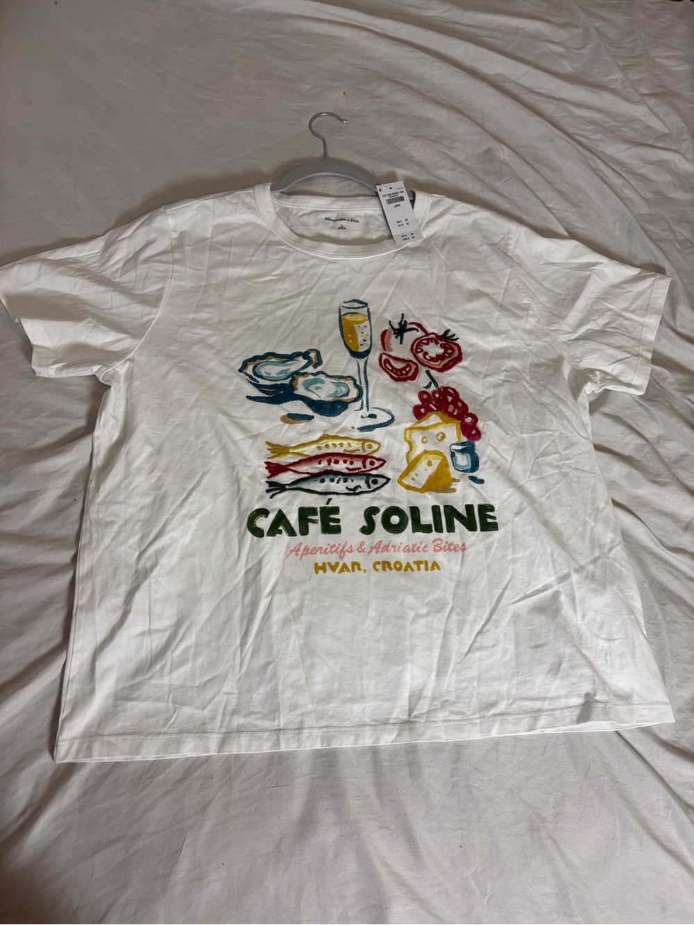 Abercrombie & Fitch White Tee with Colorful Seafood & Cafe Graphic